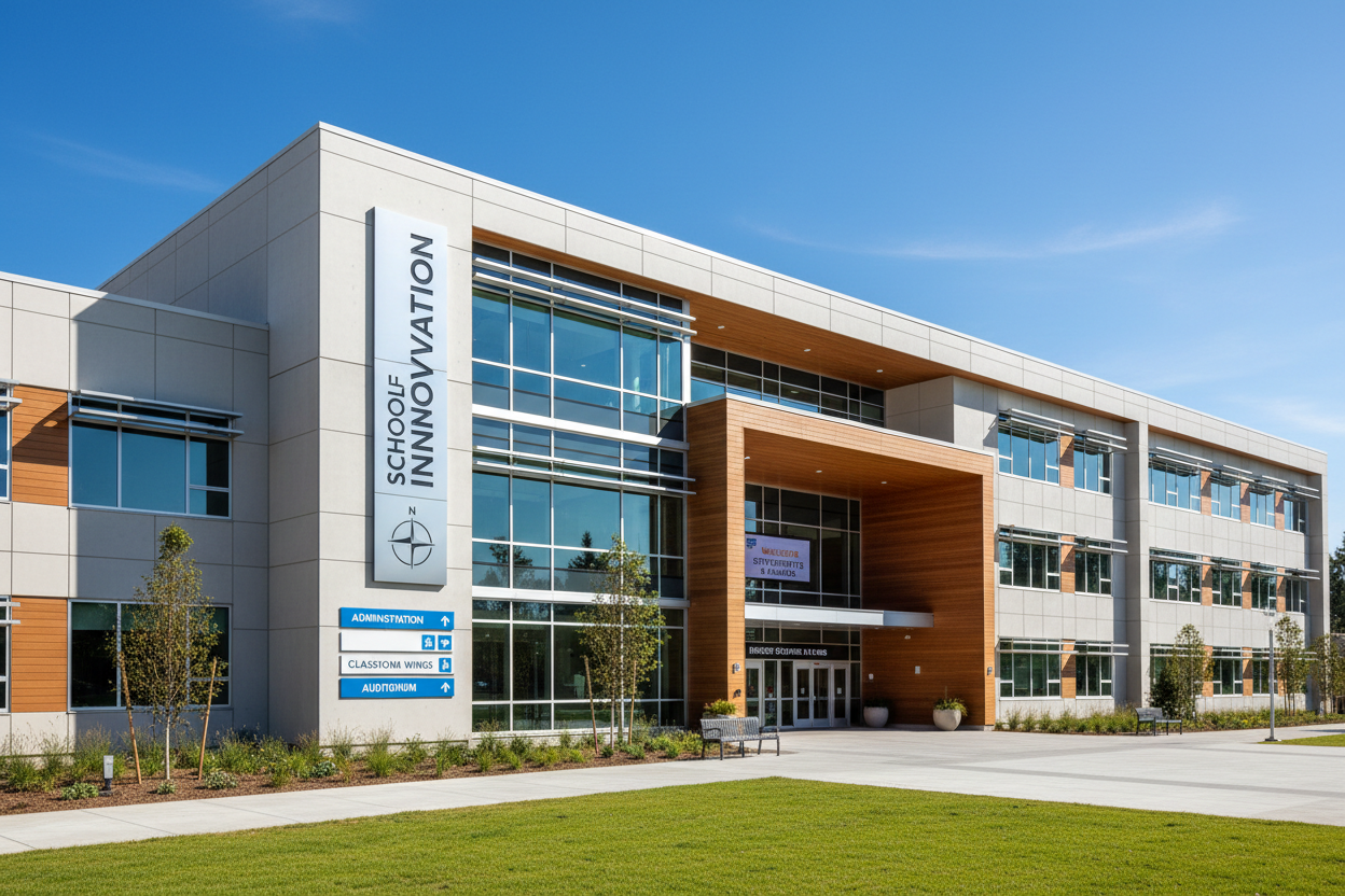 School Building with Wayfinding Signage