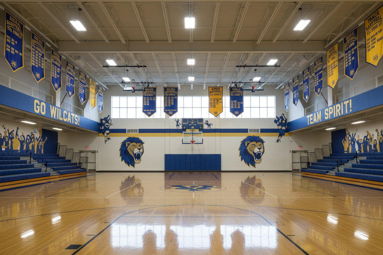 School Gymnasium with Athletic Banners