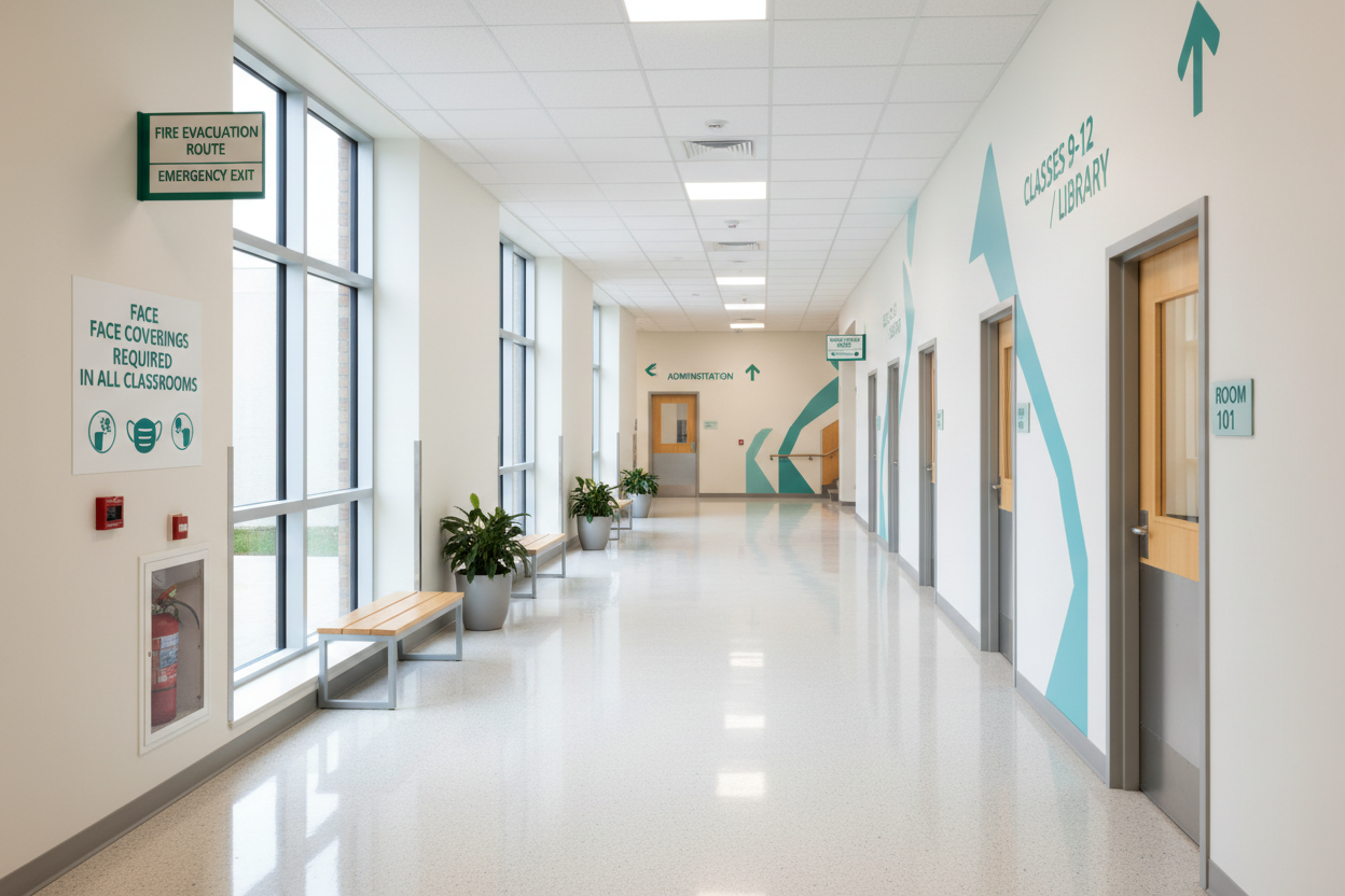 School Hallway with Safety Signage