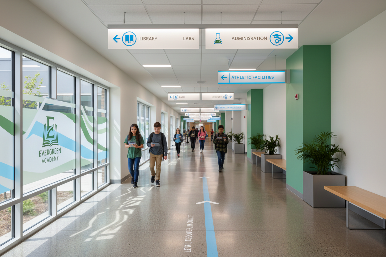 School hallway with wayfinding signage